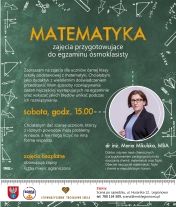 Plakat informujący o zajęciach z mateamtyki - zajęcia przygotowujące do egzaminu ósmoklasisty